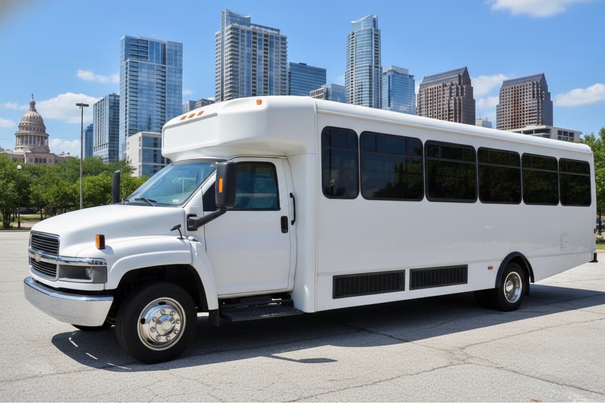 The 32 passenger bus, a white shuttle bus, parked in front of the downtown Austin skyline