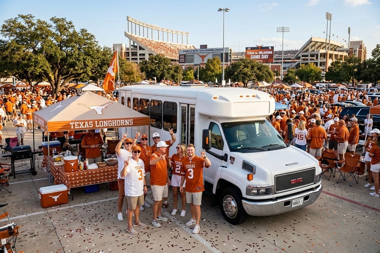 Fans in burnt orange at a tailgate beside a white party bus near the stadium
