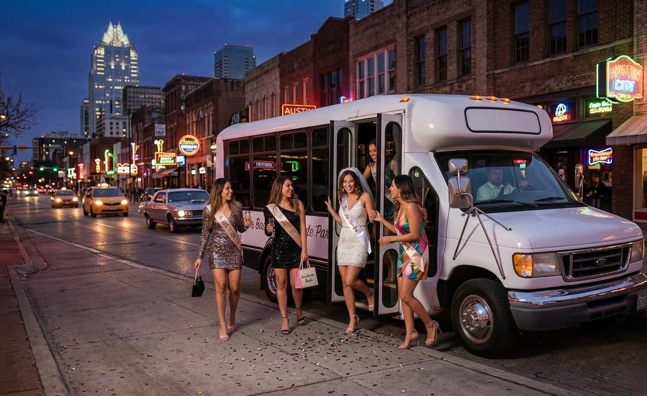 A bachelorette group stepping off the 16, a white Go2Guy party bus, on a downtown Austin street at dusk